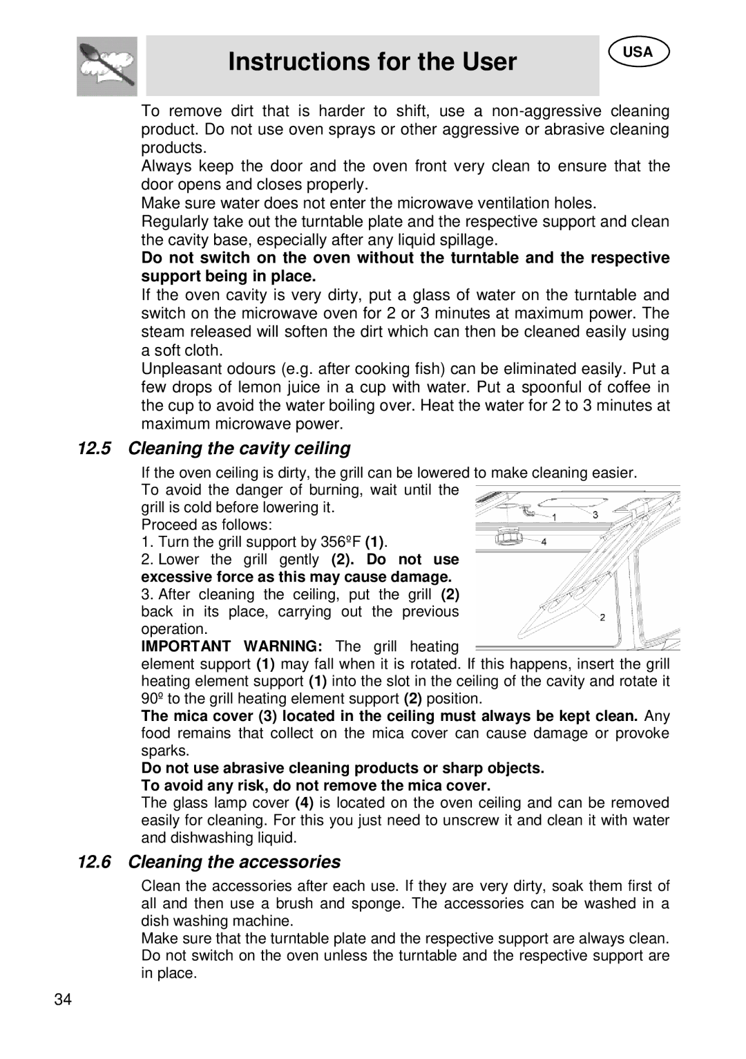 Smeg SU45 MCX manual Cleaning the cavity ceiling, Cleaning the accessories 