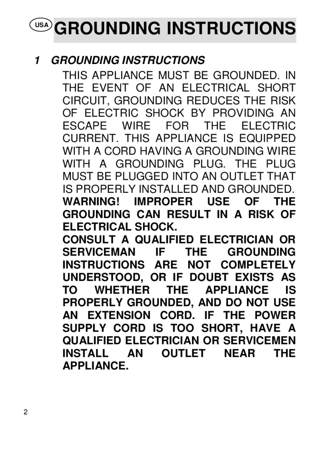 Smeg SU45 MCX manual USA Grounding Instructions 