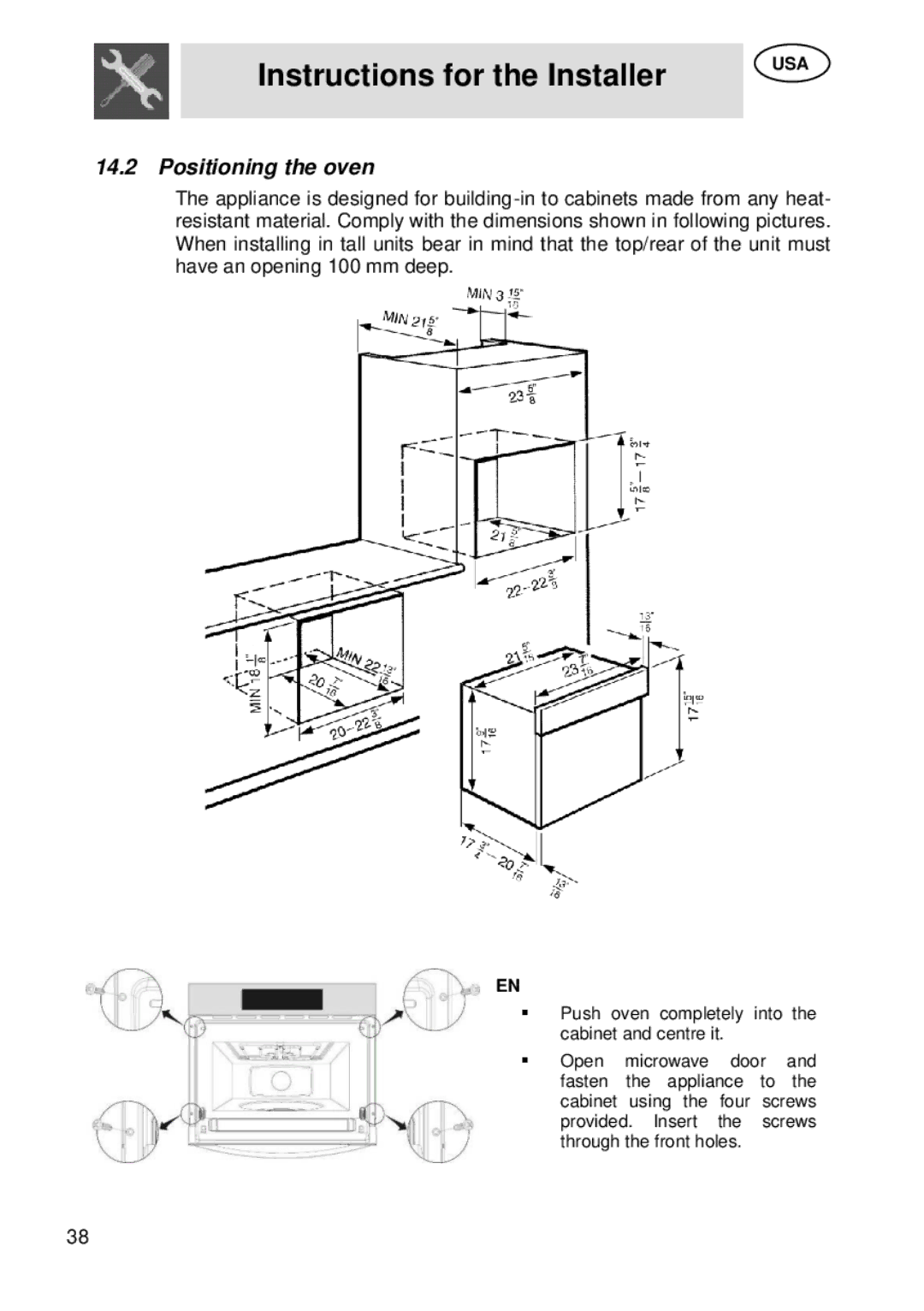 Smeg SU45 MCX manual Positioning the oven 