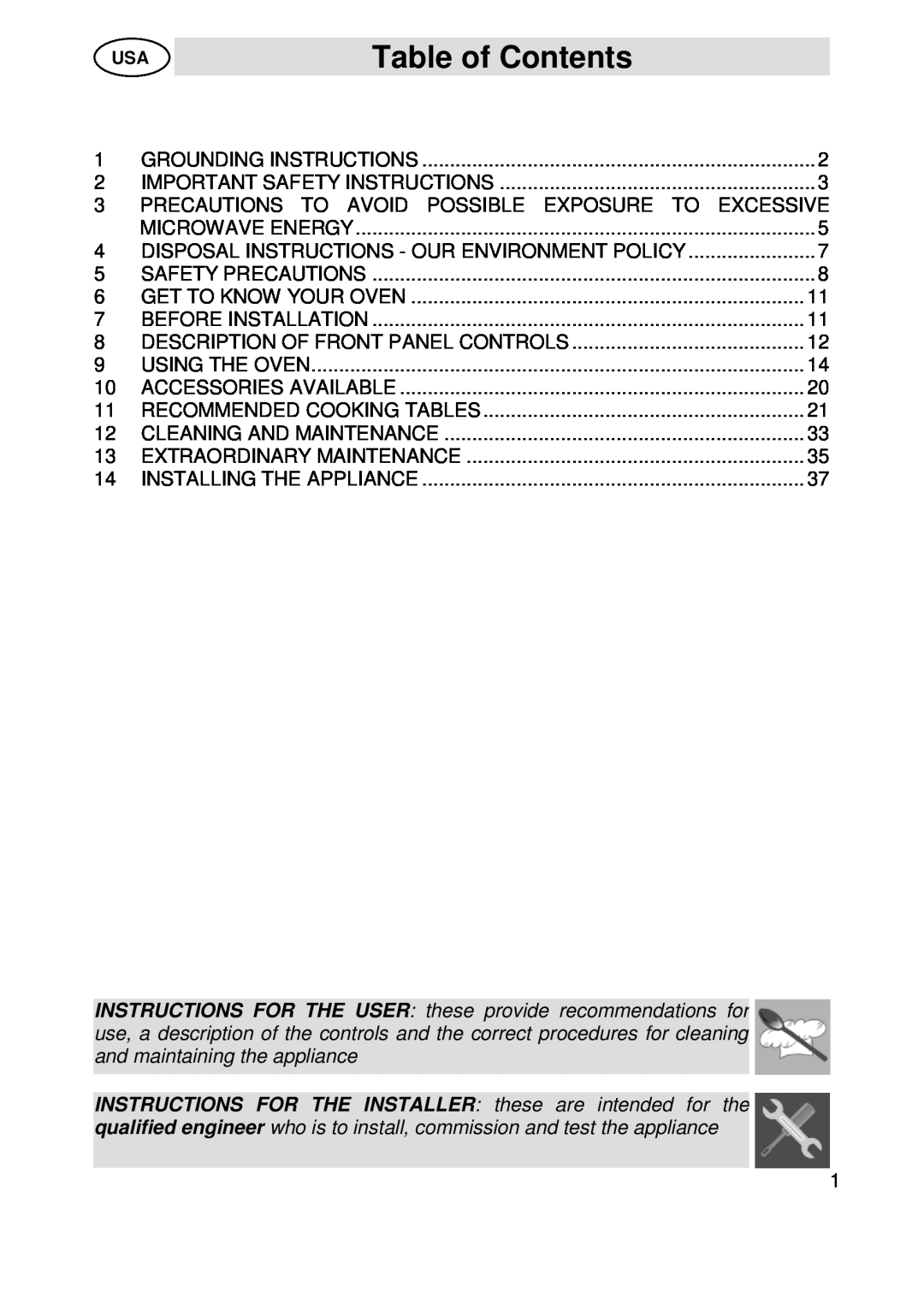 Smeg SU45 MCX manual Table of Contents 