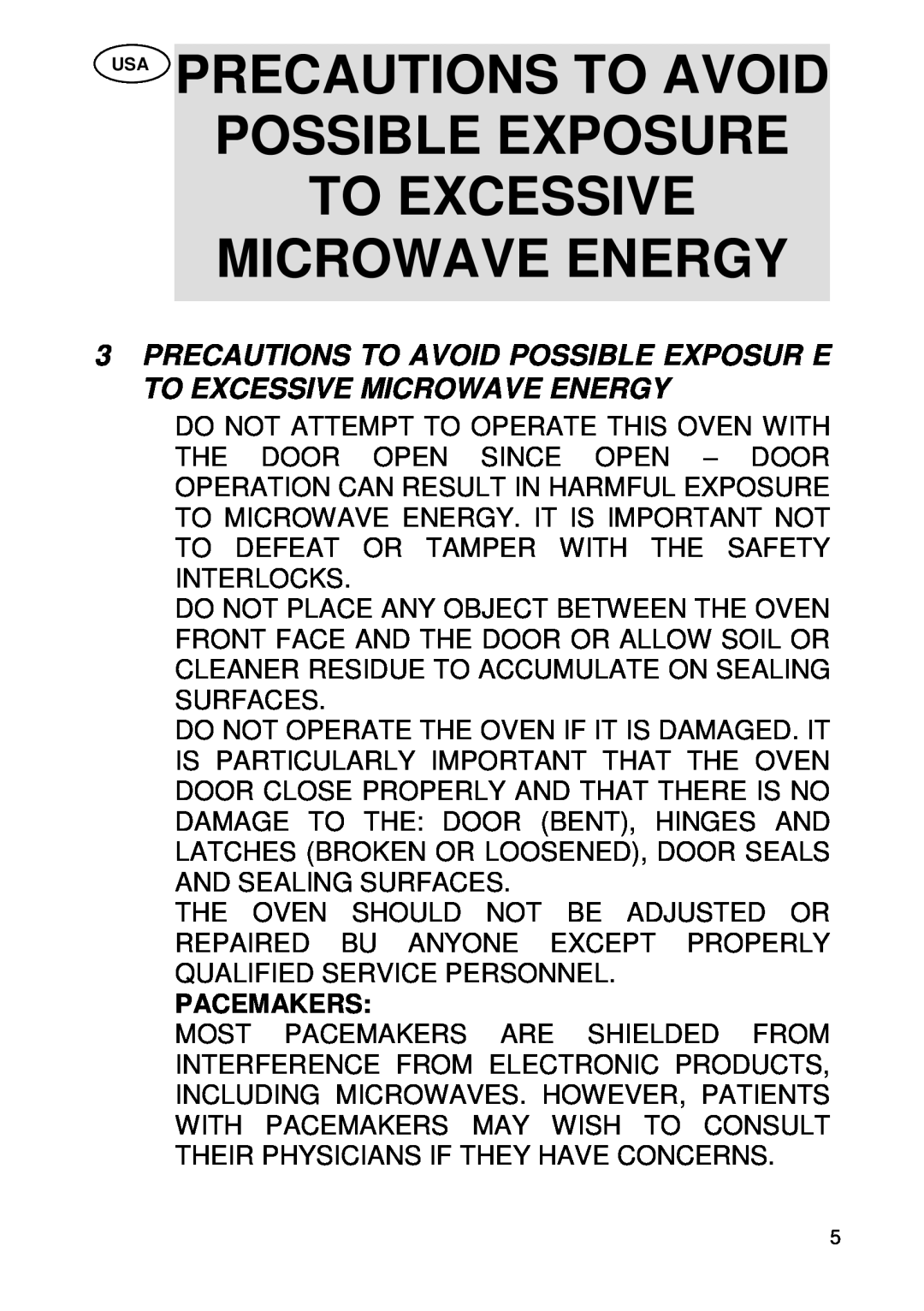 Smeg SU45 MCX manual Usa Precautions To Avoid Possible Exposure To Excessive, Microwave Energy, Pacemakers 