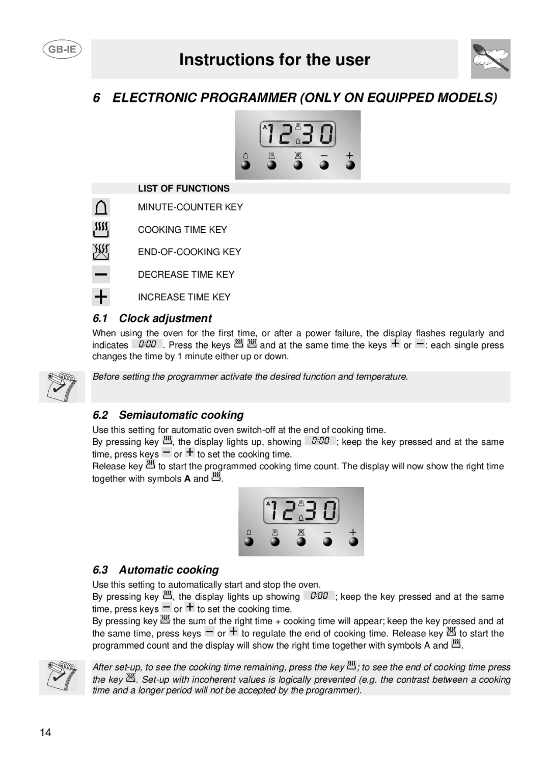 Smeg SUK61CMFA Electronic Programmer only on Equipped Models, Clock adjustment, Semiautomatic cooking, Automatic cooking 