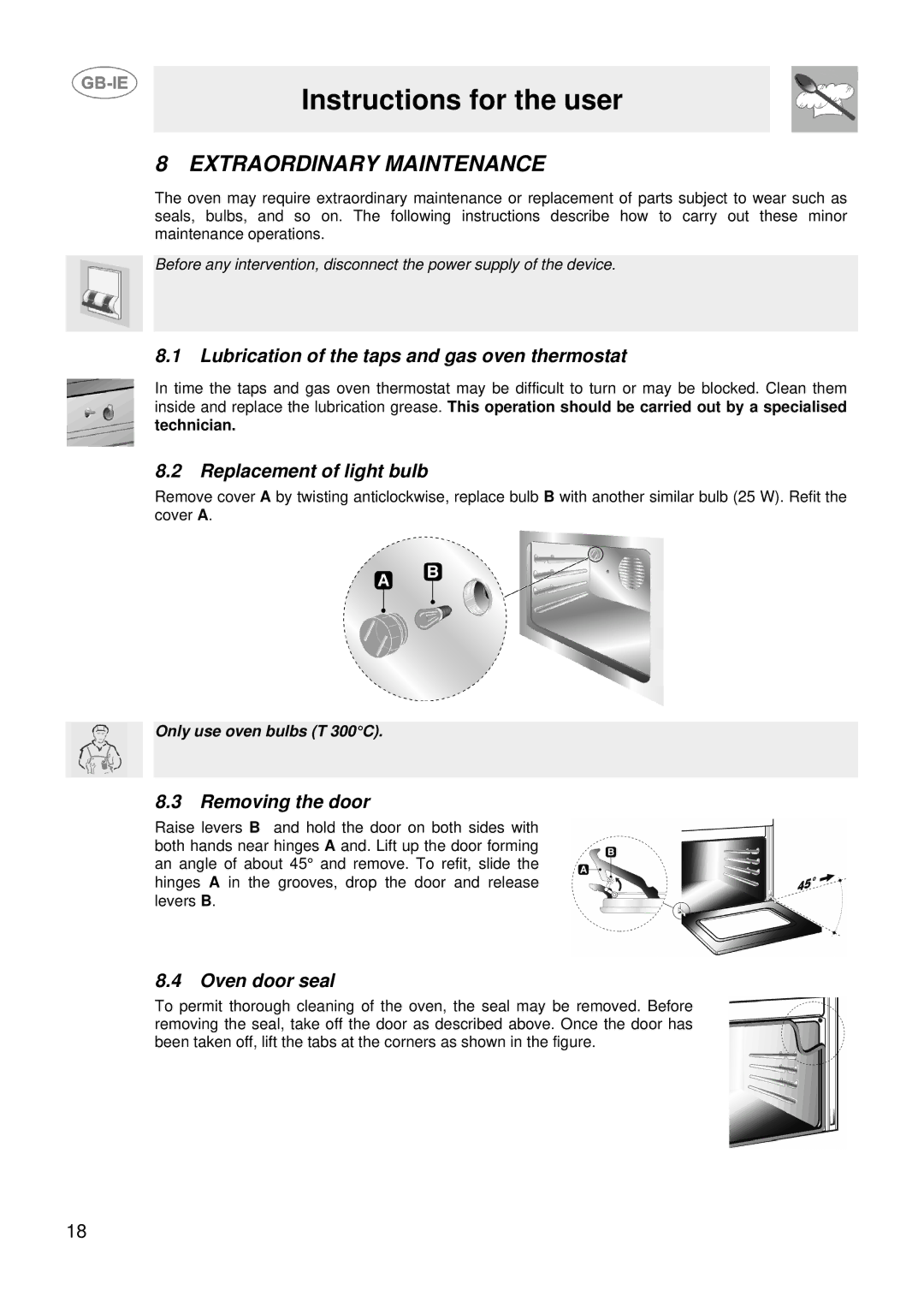 Smeg SUK61CMFA manual Extraordinary Maintenance, Lubrication of the taps and gas oven thermostat, Replacement of light bulb 