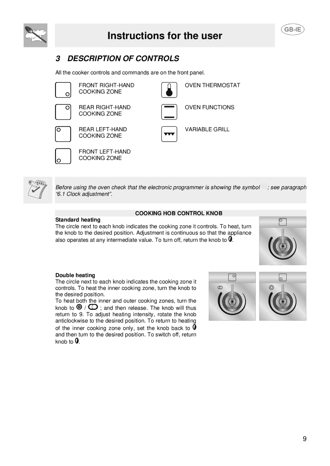 Smeg SUK61CMFX, SUK61CMFA Instructions for the user, Description of Controls, Cooking HOB Control Knob, Standard heating 