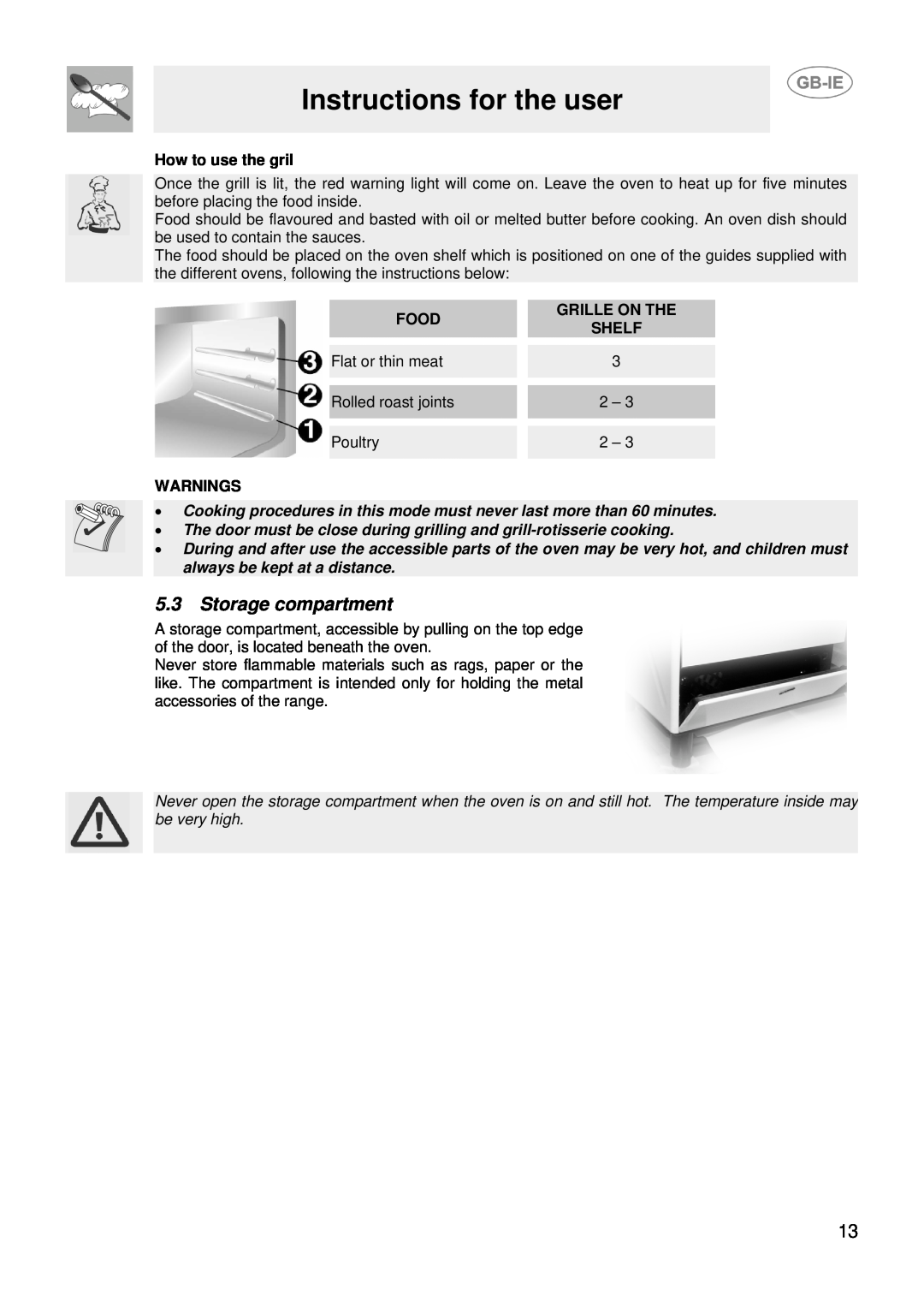 Smeg SUK61CMFX Storage compartment, Instructions for the user, How to use the gril, Food, Grille On The, Shelf, Warnings 