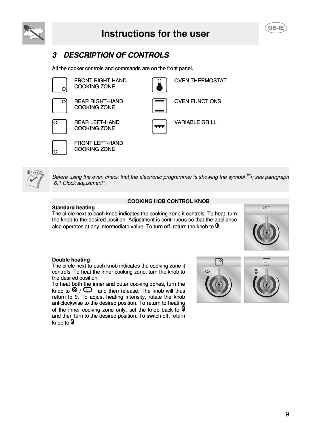 Smeg SUK61CMFX, SUK61CMFA Instructions for the user, Description Of Controls, COOKING HOB CONTROL KNOB Standard heating 