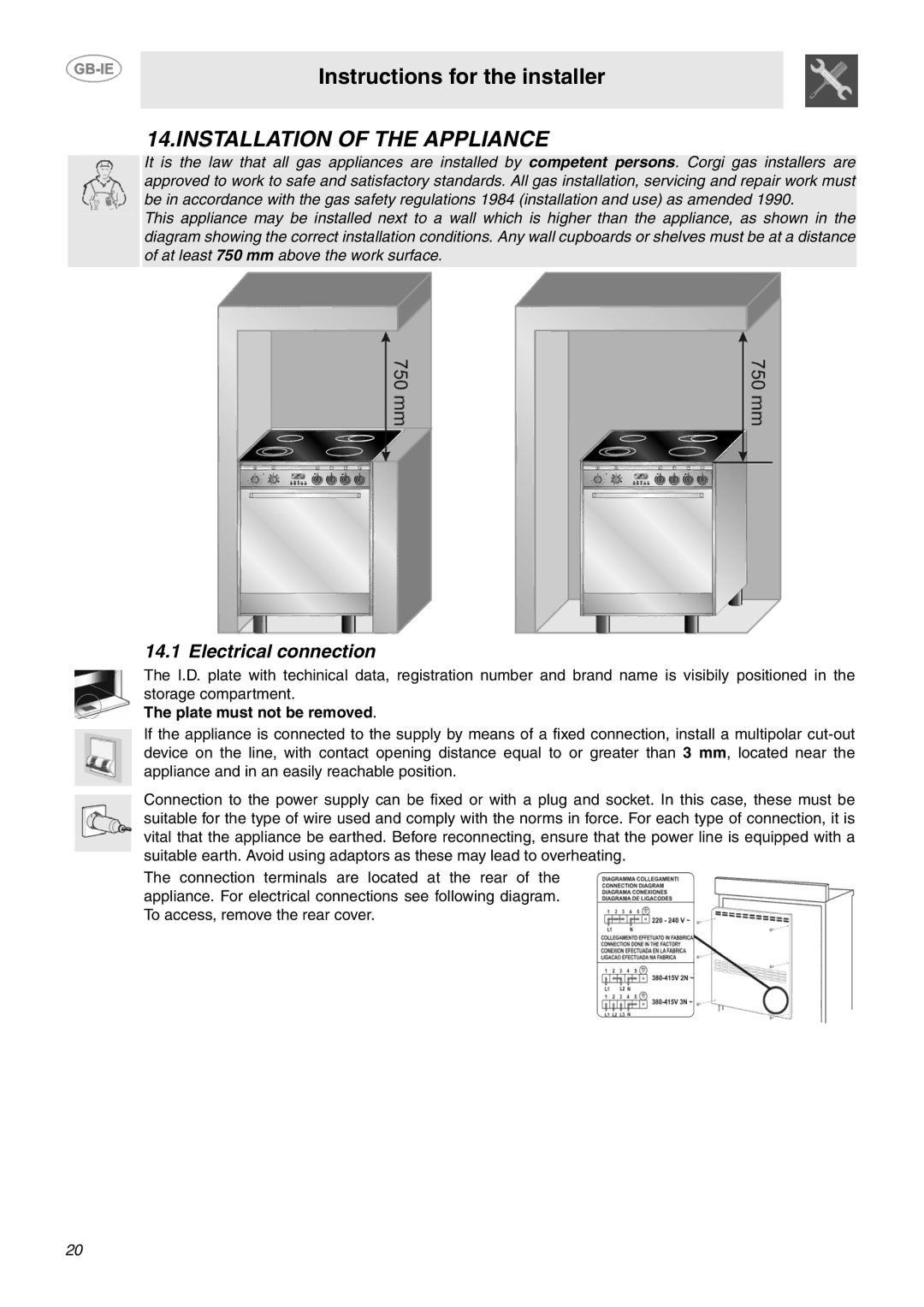 Smeg SUK61CPX5 manual Installation of the Appliance, Electrical connection 