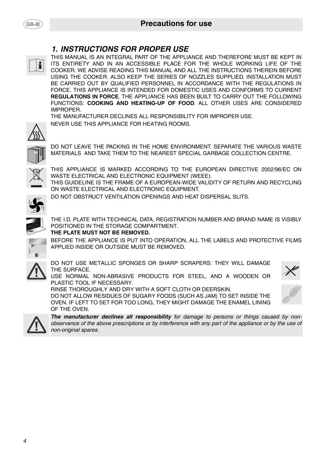 Smeg SUK61CPX5 manual Instructions for Proper USE, Plate Must not be Removed 