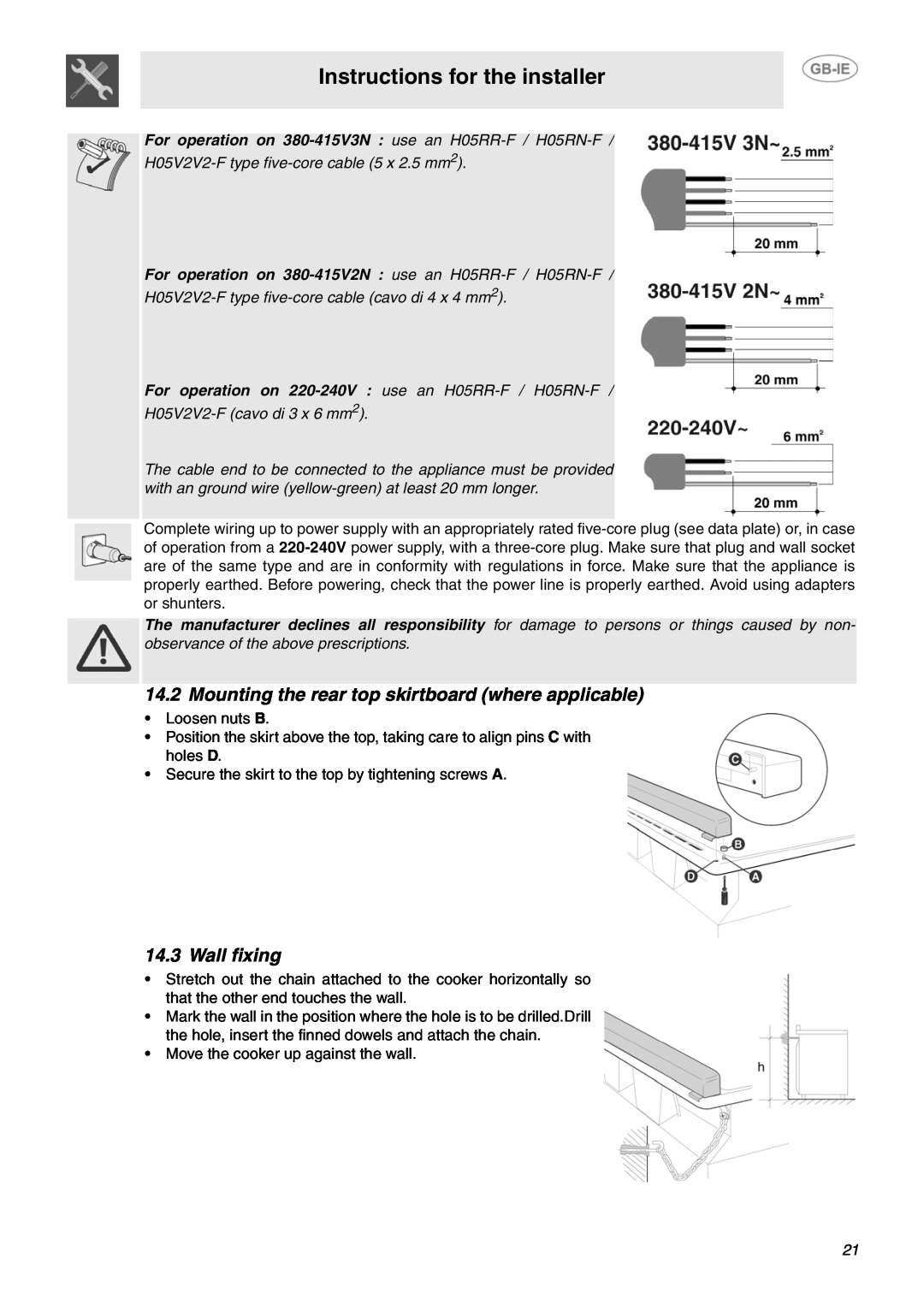 Smeg SUK61CPX5 manual Wall fixing, Instructions for the installer 