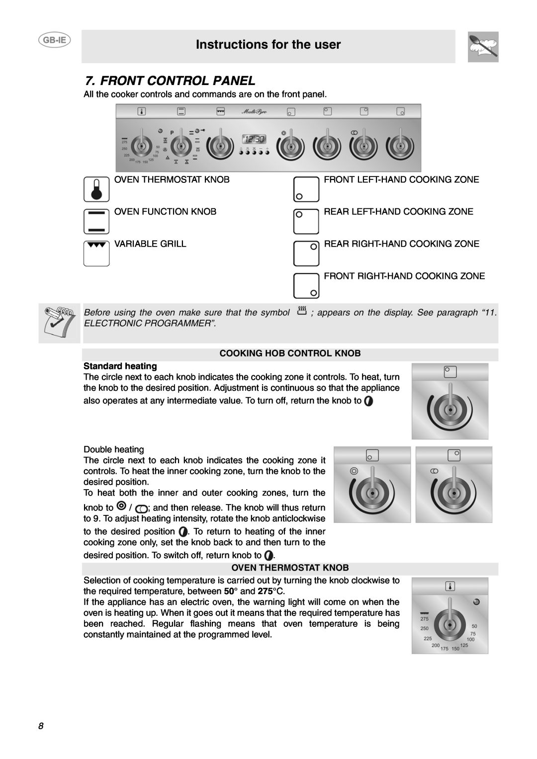 Smeg SUK61CPX5 manual Front Control Panel, Instructions for the user, COOKING HOB CONTROL KNOB Standard heating 