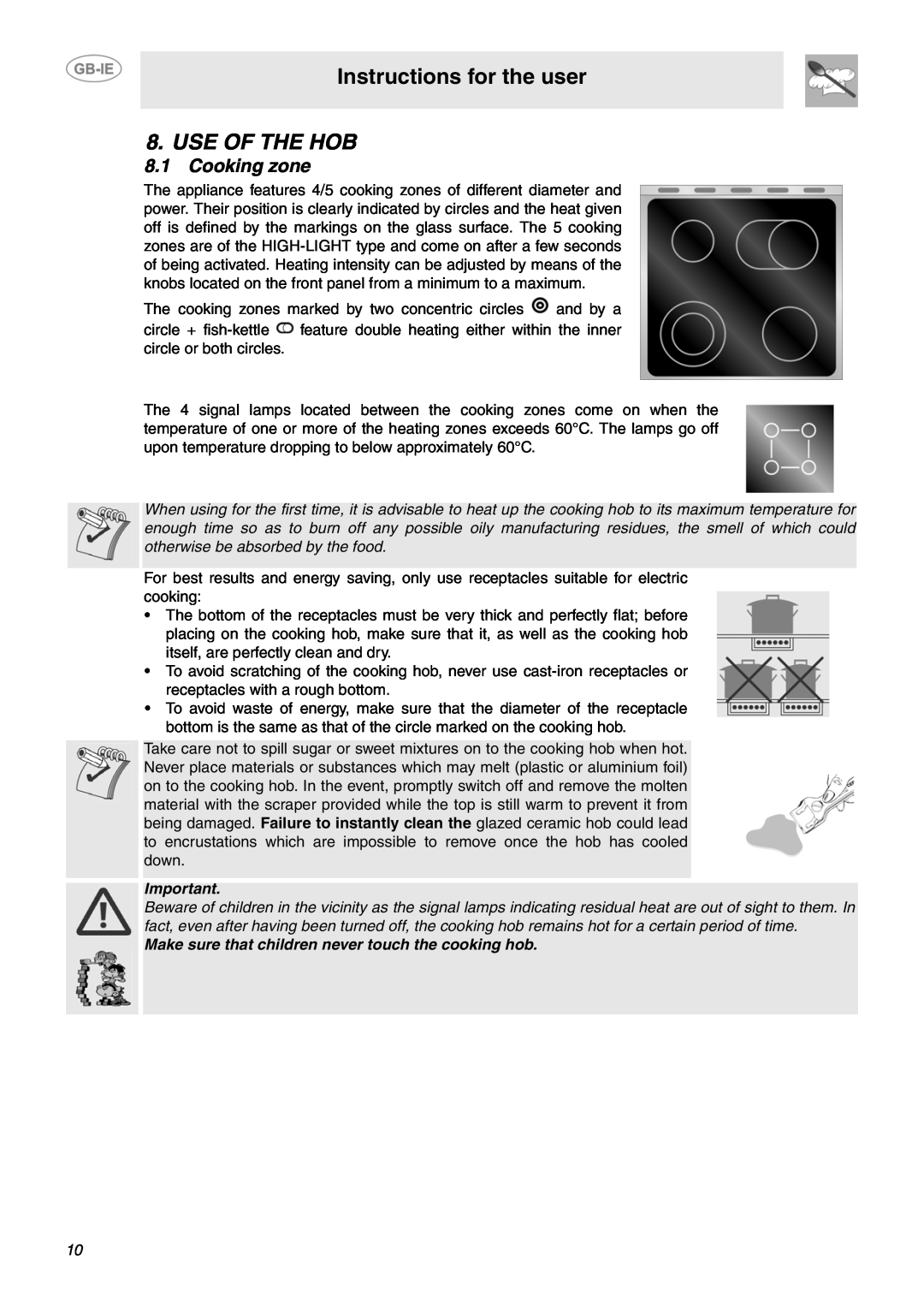 Smeg SUK61CPX5 manual Use Of The Hob, Cooking zone, Instructions for the user 