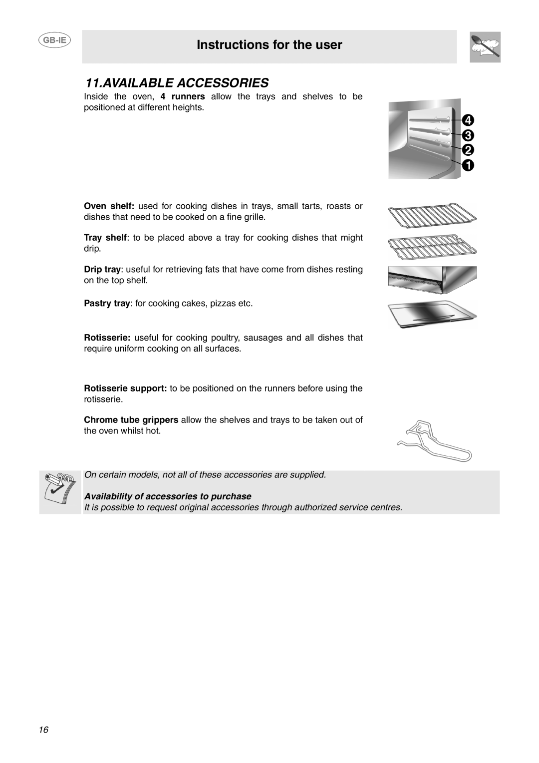 Smeg SUK61IPX5 manual Available Accessories 