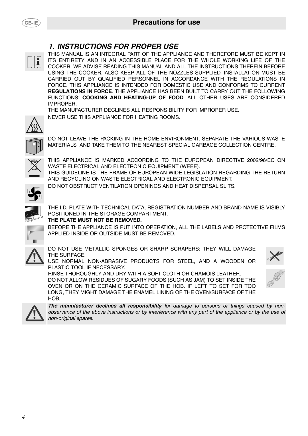 Smeg SUK61IPX5 manual Instructions for Proper USE, Plate Must not be Removed 