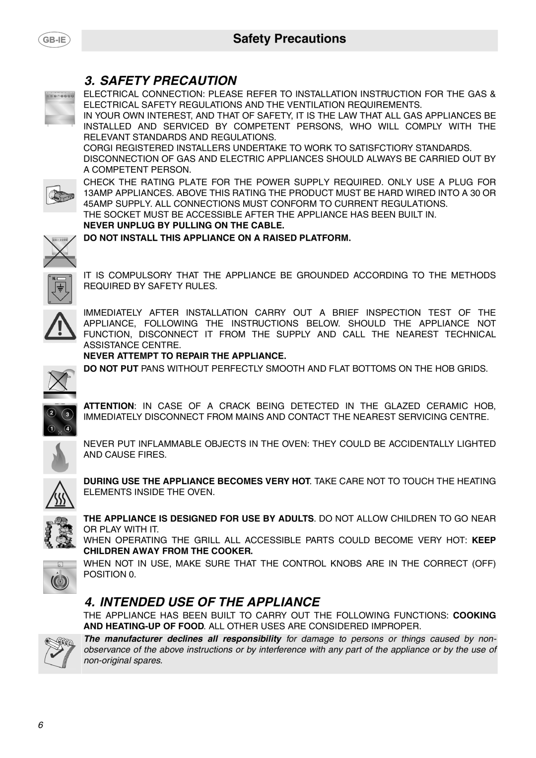 Smeg SUK61IPX5 manual Safety Precaution, Intended USE of the Appliance, Never Attempt to Repair the Appliance 