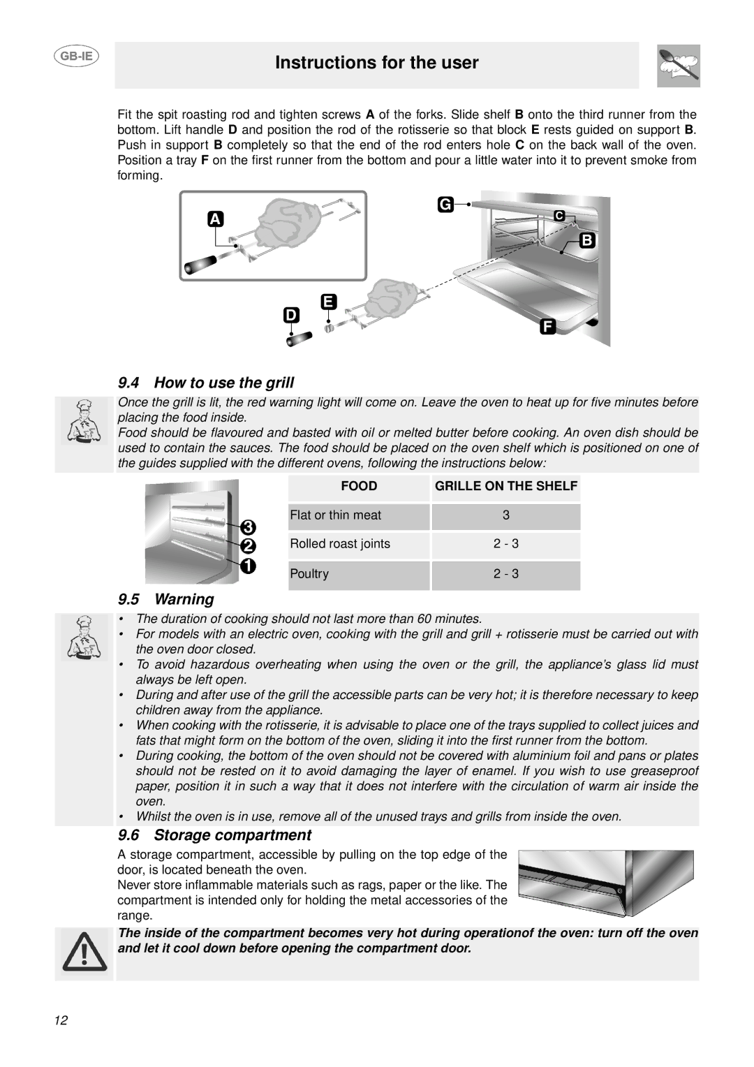 Smeg SUK61MPX5 manual How to use the grill, Storage compartment, Food Grille on the Shelf 