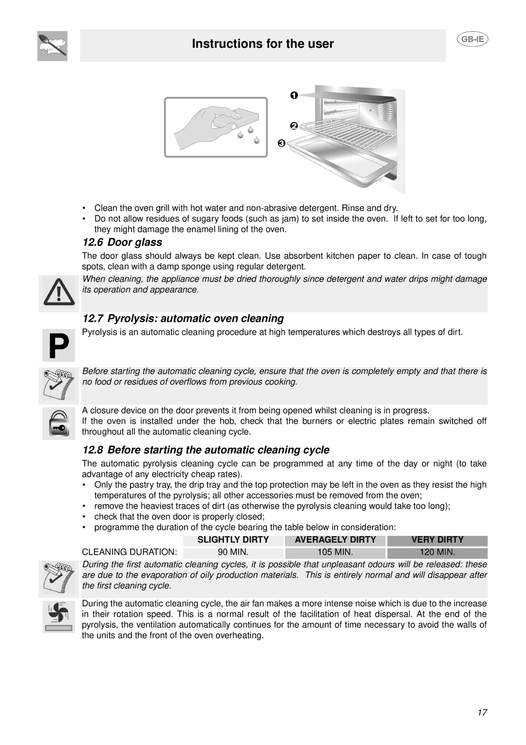 Smeg SUK61MPX5 manual Door glass, Pyrolysis automatic oven cleaning, Before starting the automatic cleaning cycle 