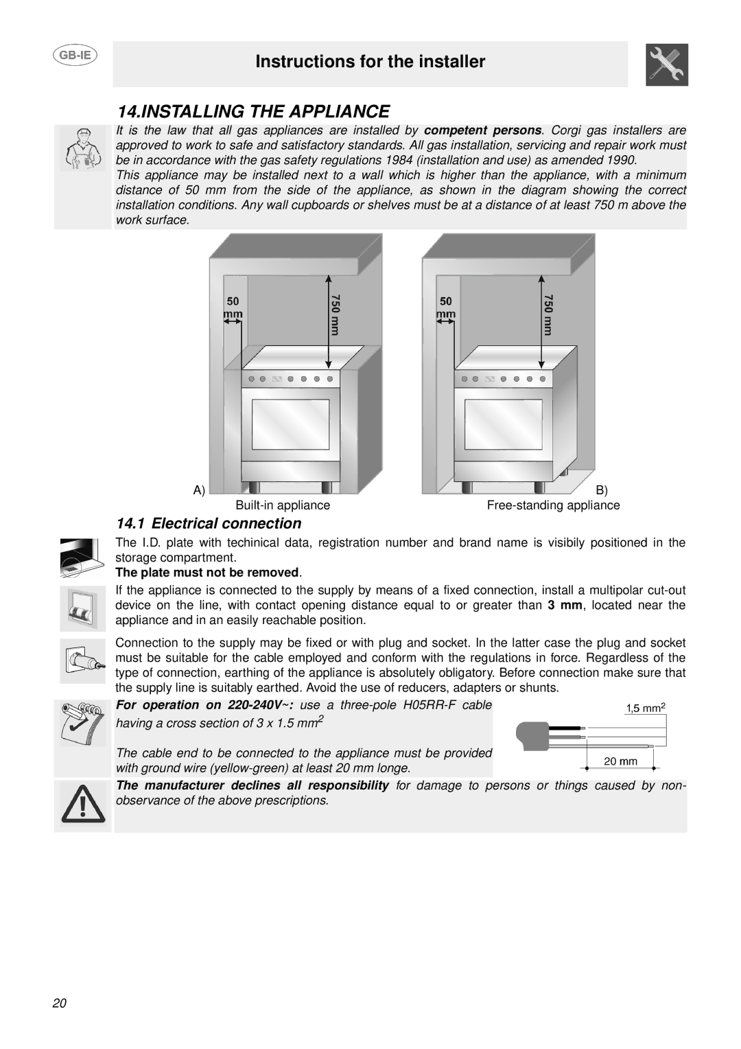 Smeg SUK61MPX5 manual Installing the Appliance, Electrical connection 