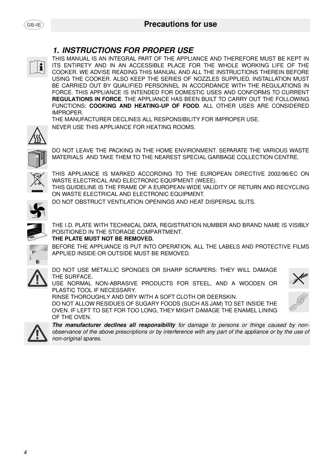 Smeg SUK61MPX5 manual Instructions for Proper USE, Plate Must not be Removed 