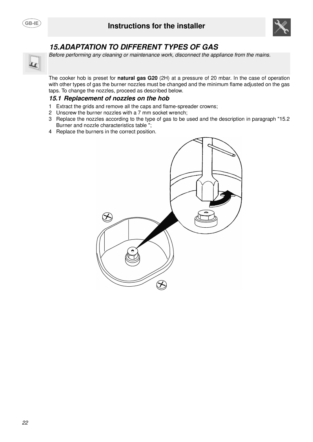 Smeg SUK61MPX5 manual Adaptation to Different Types of GAS, Replacement of nozzles on the hob 