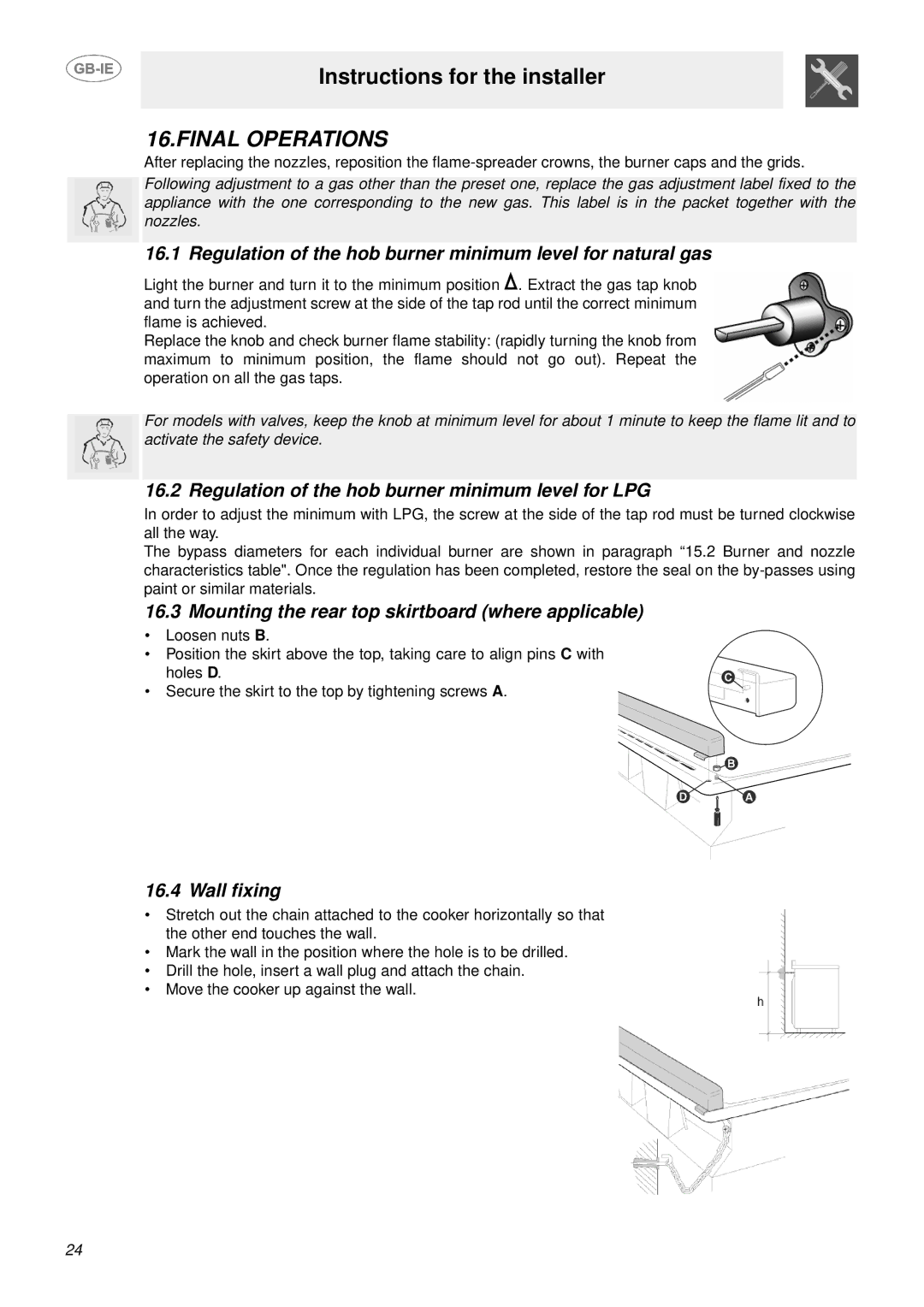 Smeg SUK61MPX5 manual Final Operations, Regulation of the hob burner minimum level for natural gas, Wall fixing 