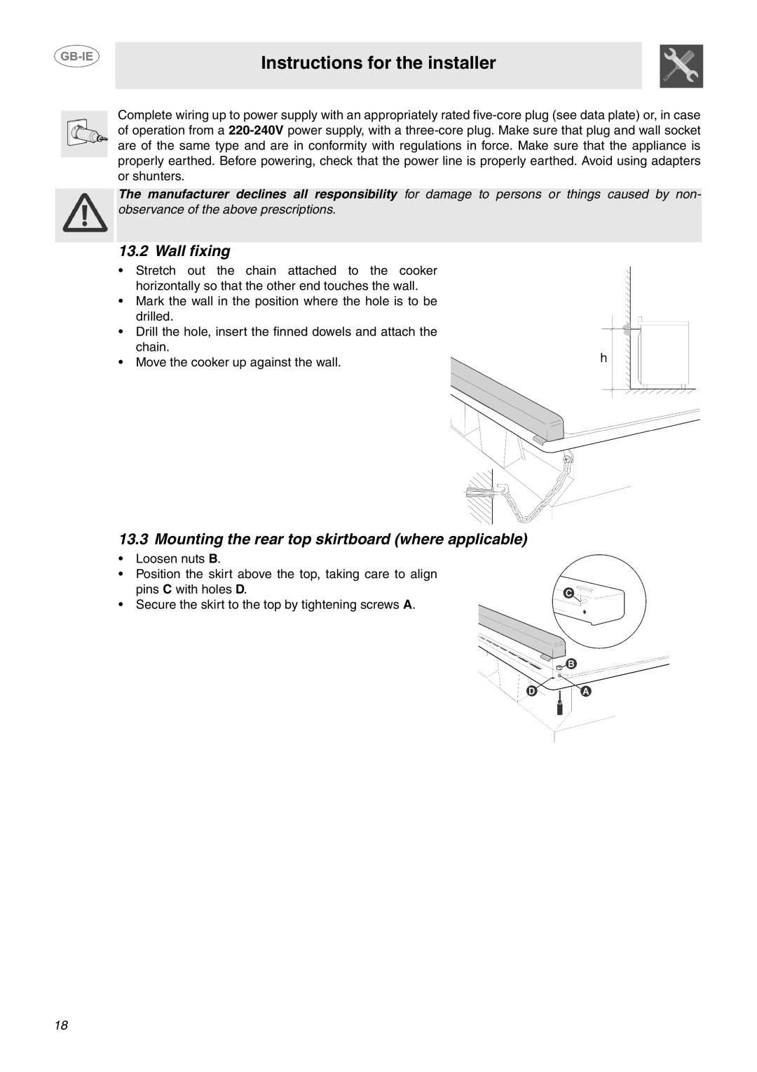 Smeg SUK62CMX5 manual Wall fixing, Mounting the rear top skirtboard where applicable 