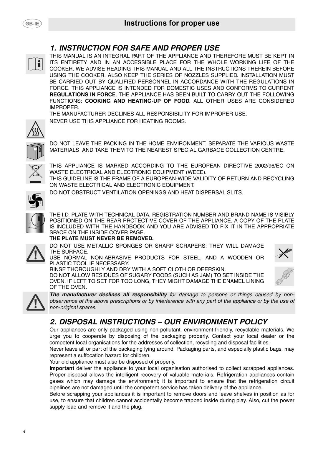 Smeg SUK62CMX5 manual Instruction for Safe and Proper USE, Disposal Instructions OUR Environment Policy 