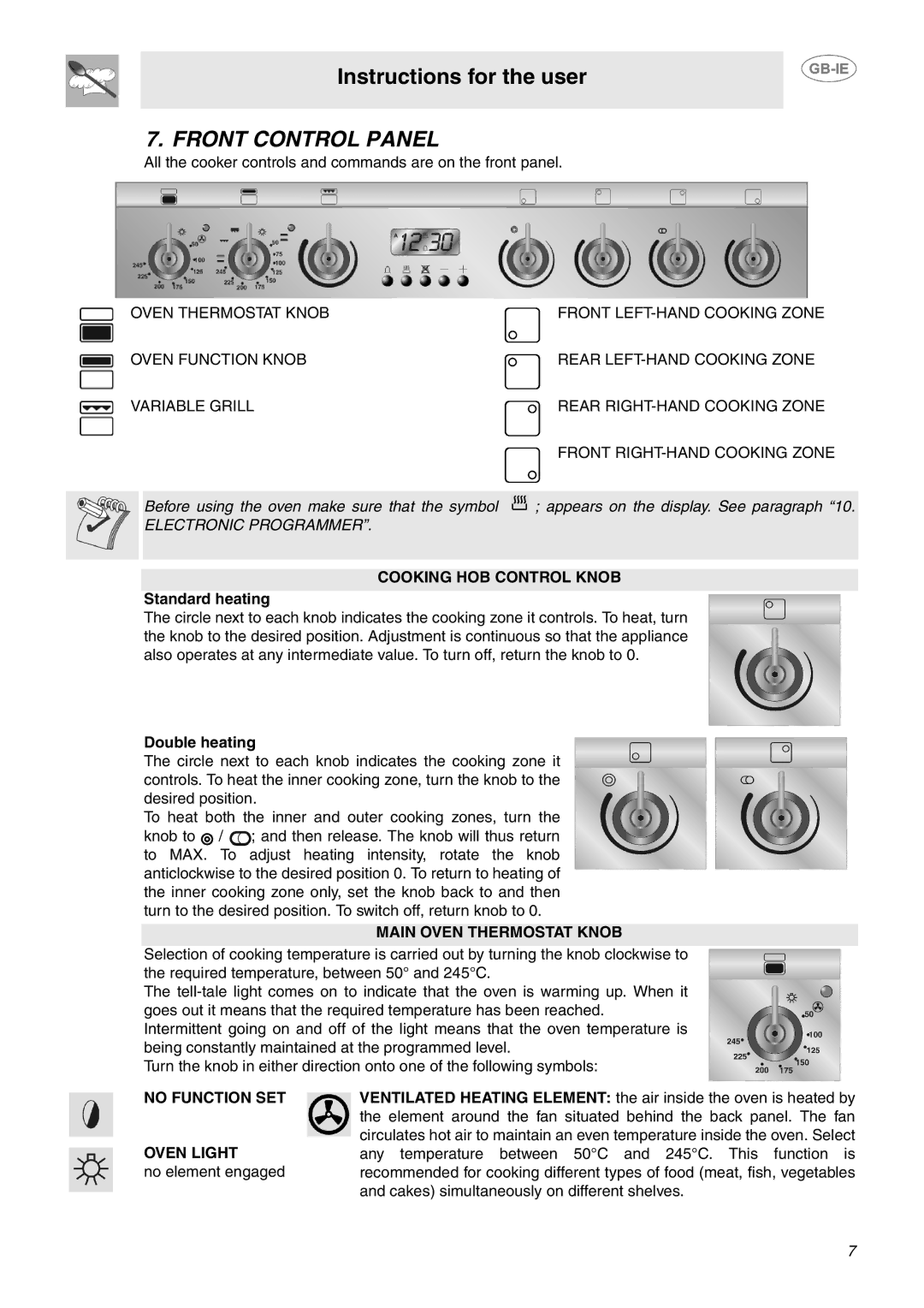 Smeg SUK62CMX5 manual Front Control Panel, Cooking HOB Control Knob, Main Oven Thermostat Knob, No Function SET, Oven Light 