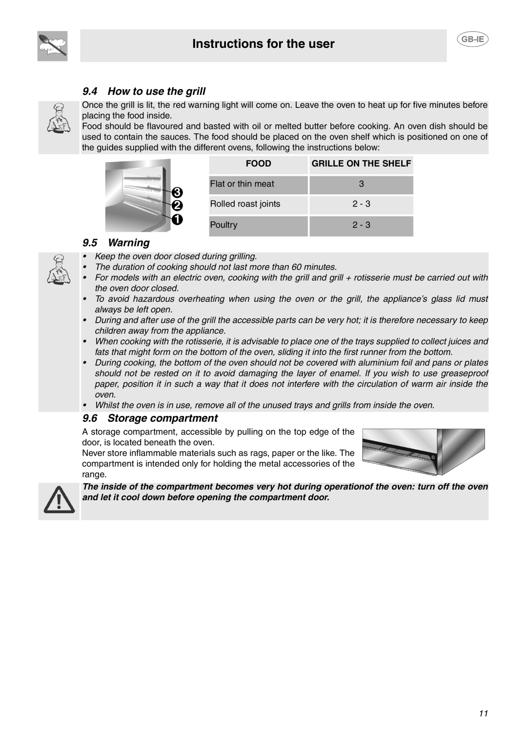 Smeg SUK62CMX5 manual How to use the grill, Storage compartment, Food Grille on the Shelf 