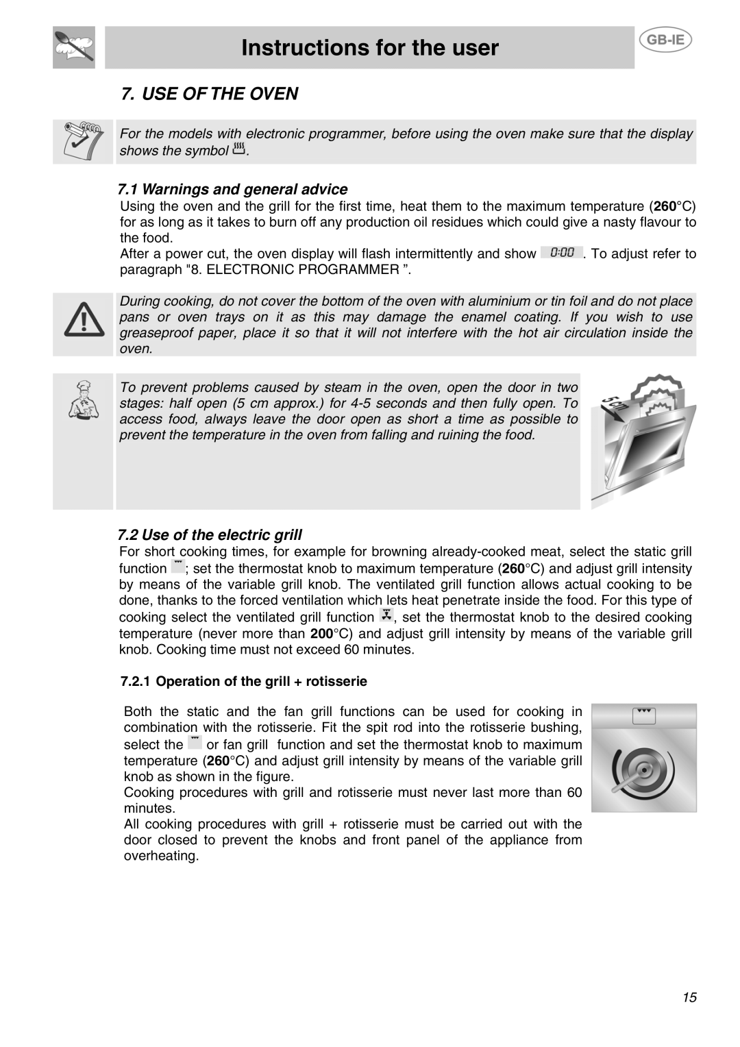 Smeg SUK81MFX5, SUK81MFA5, SUK81MBL5 USE of the Oven, Use of the electric grill, Operation of the grill + rotisserie 