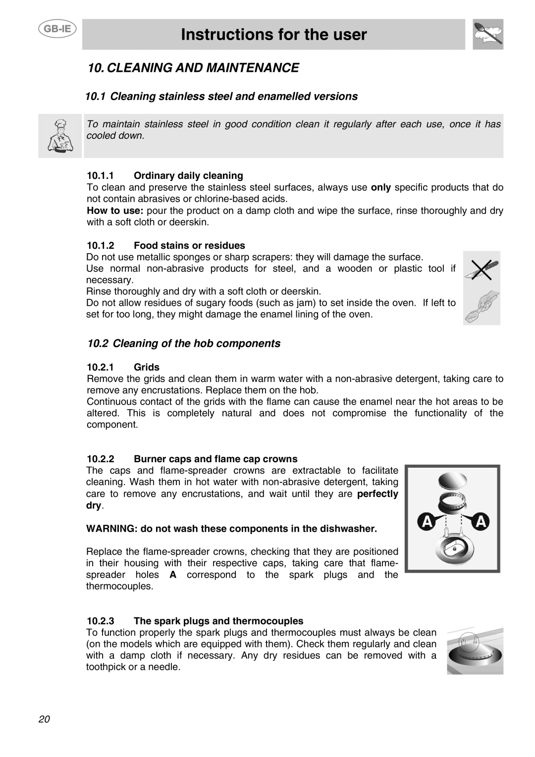 Smeg SUK81MFA Cleaning and Maintenance, Cleaning stainless steel and enamelled versions, Cleaning of the hob components 