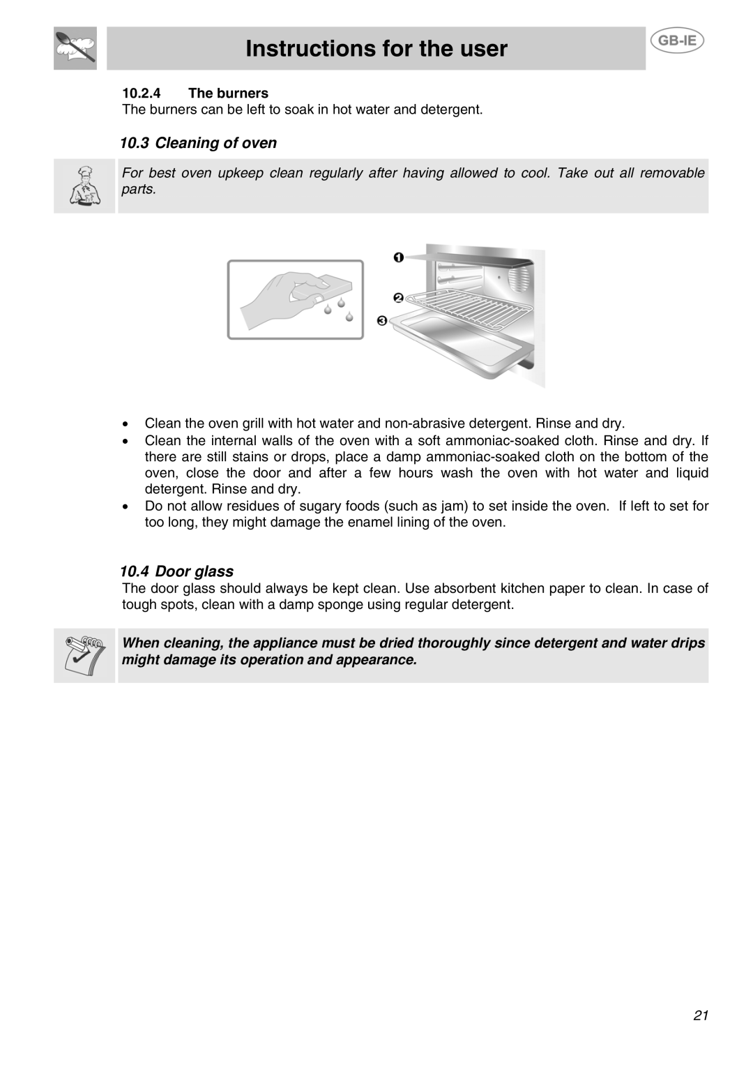 Smeg SUK81MBL5, SUK81MFX5, SUK81MFA5 manual Cleaning of oven, Door glass, Burners 