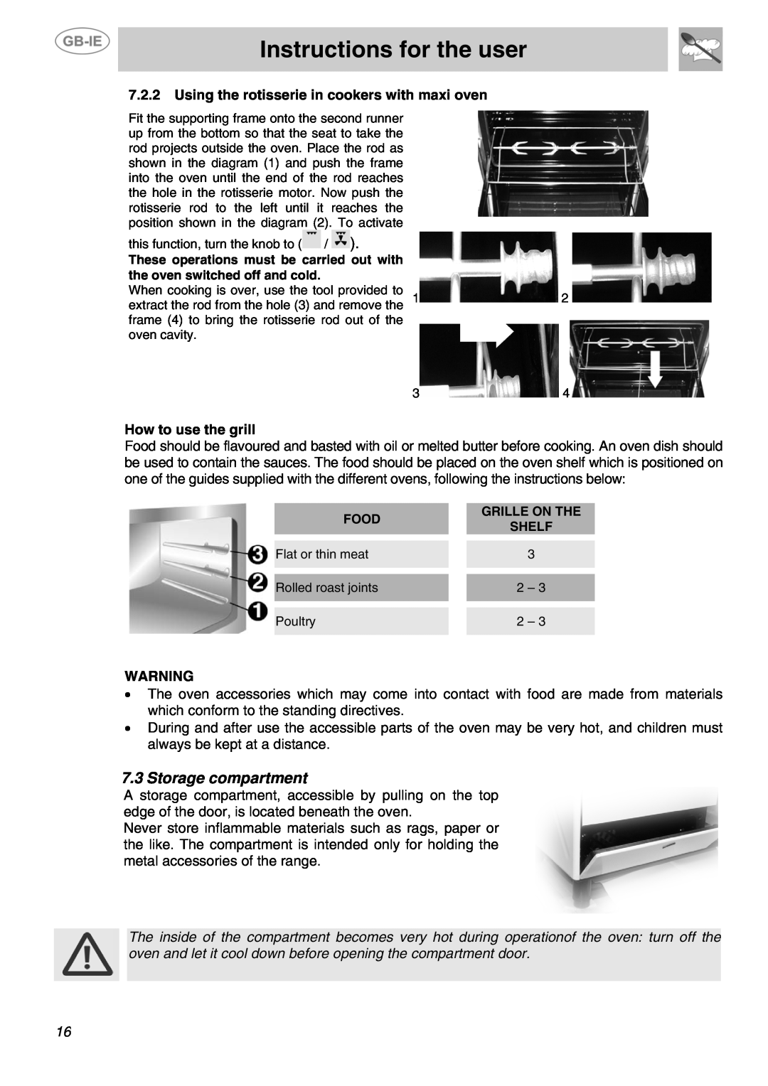 Smeg SUK81MBL5, SUK81MFX5, SUK81MFA5 manual Storage compartment, Instructions for the user, How to use the grill 