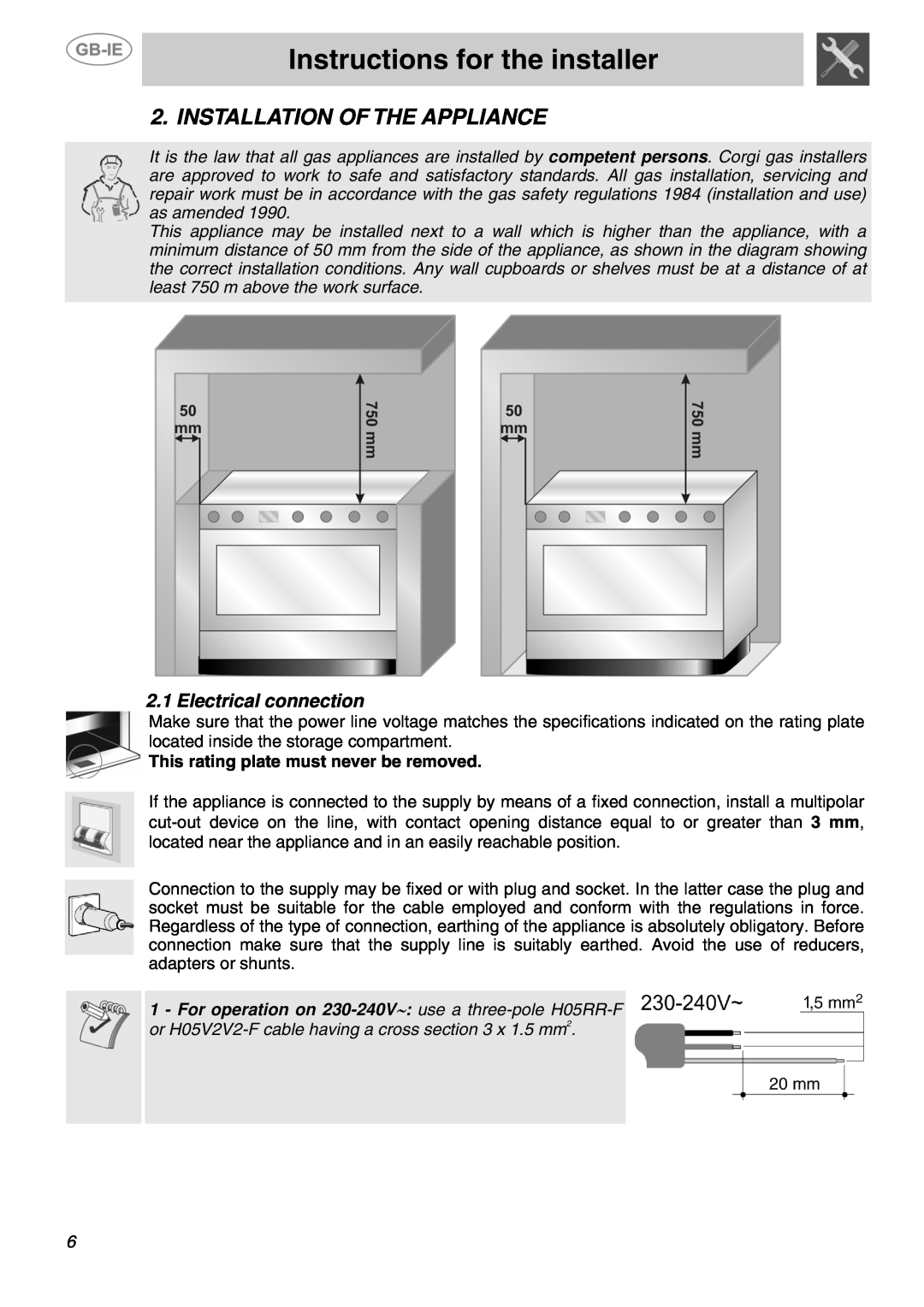 Smeg SUK81MBL5, SUK81MFX5, SUK81MFA5 Instructions for the installer, Installation Of The Appliance, Electrical connection 
