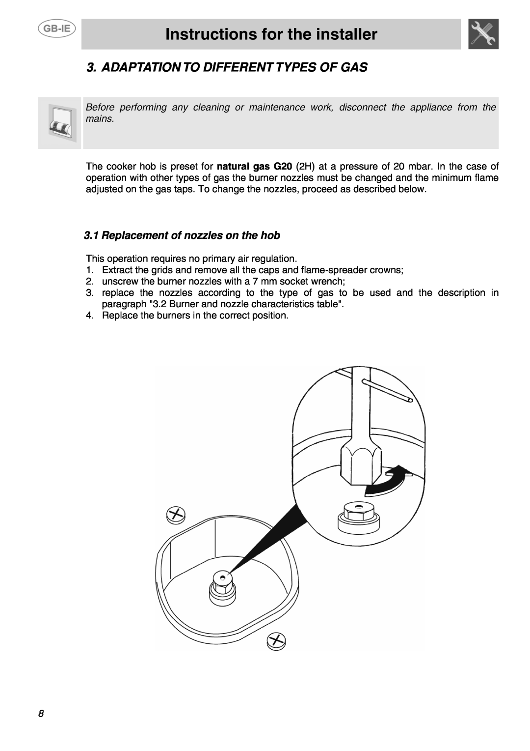 Smeg SUK81MFX Adaptation To Different Types Of Gas, Replacement of nozzles on the hob, Instructions for the installer 