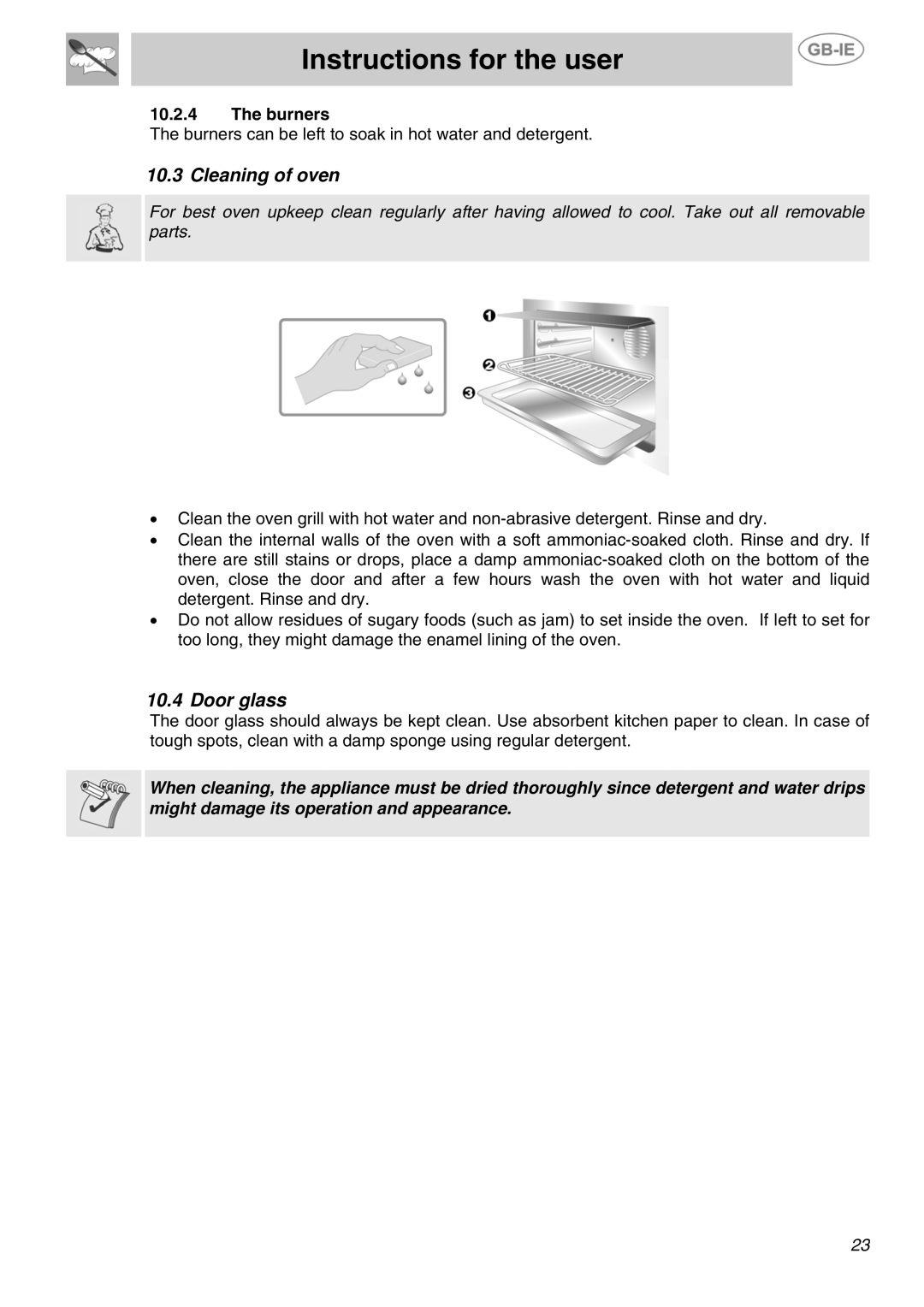 Smeg SUK90MFX5 manual Cleaning of oven, Door glass, Burners 