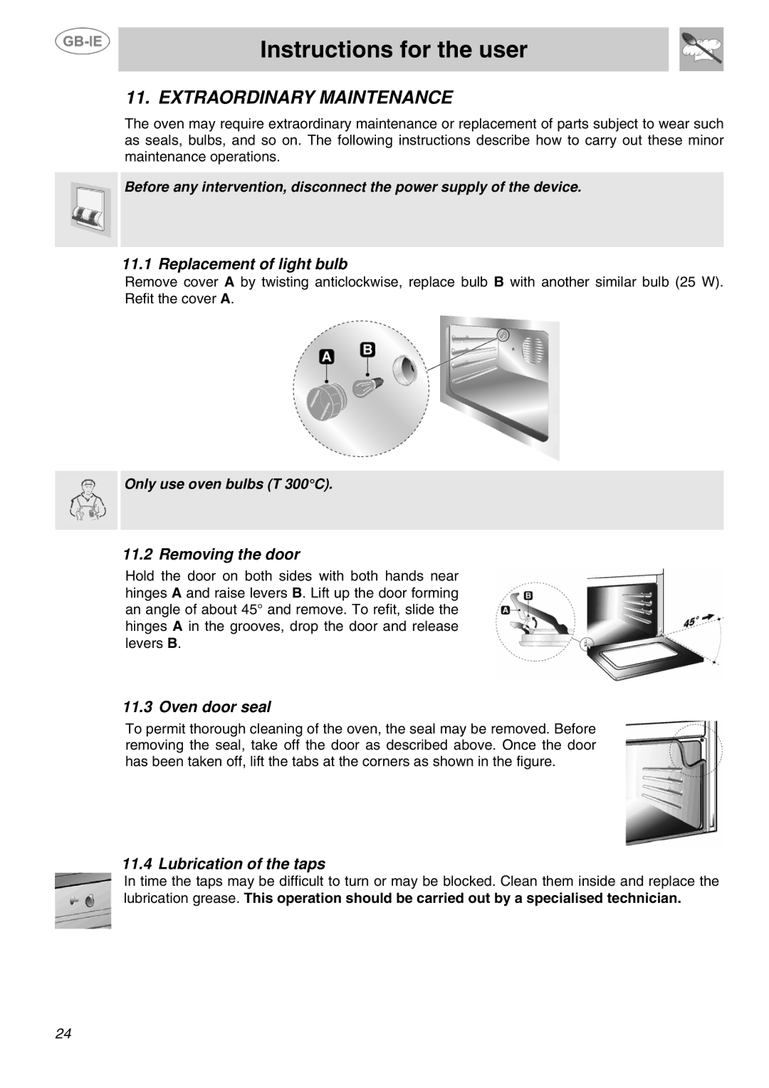 Smeg SUK90MFX5 manual Extraordinary Maintenance, Replacement of light bulb, Removing the door, Oven door seal 