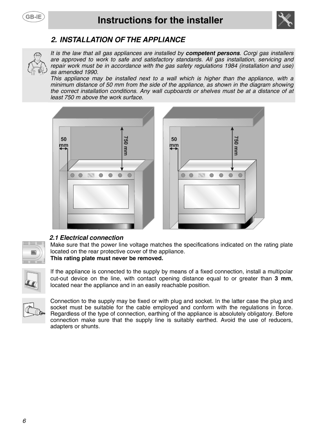 Smeg SUK90MFX5 manual Instructions for the installer, Installation of the Appliance, Electrical connection 