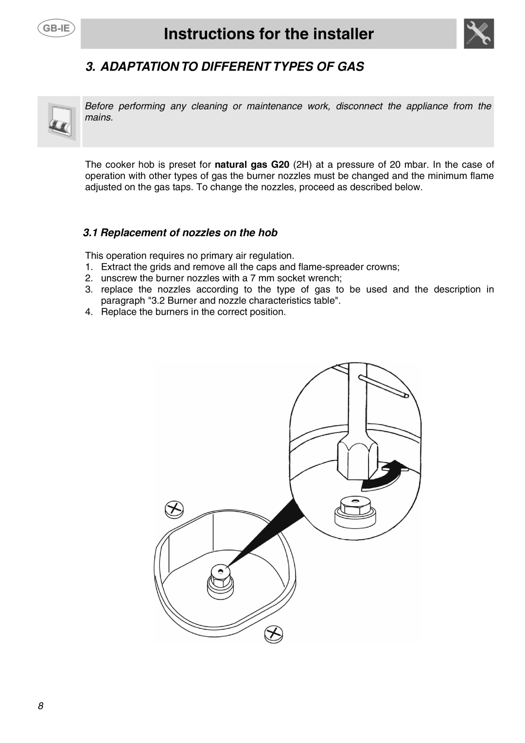 Smeg SUK90MFX5 manual Adaptation to Different Types of GAS, Replacement of nozzles on the hob 