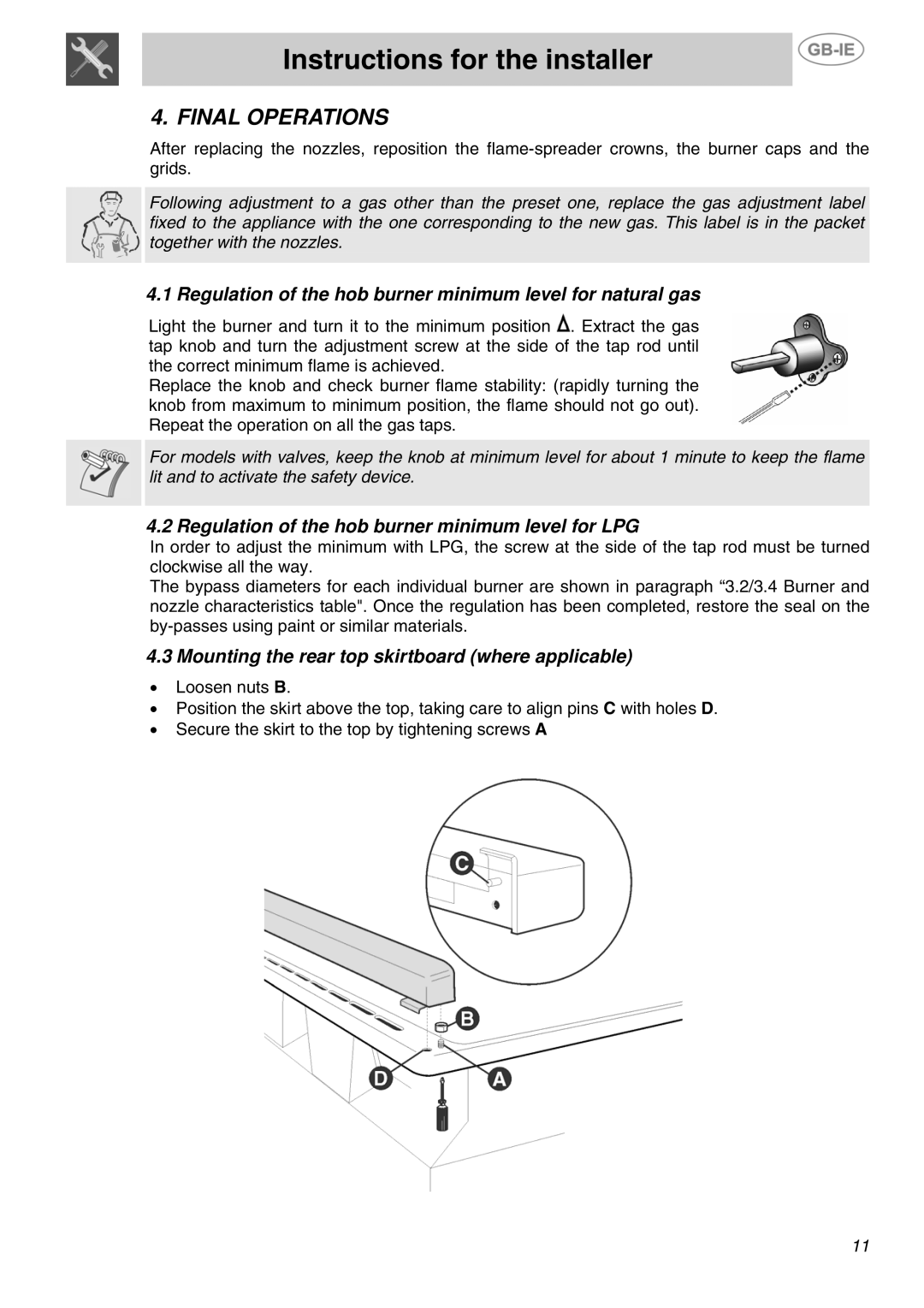 Smeg SUK90MFX5 manual Final Operations, Regulation of the hob burner minimum level for natural gas 