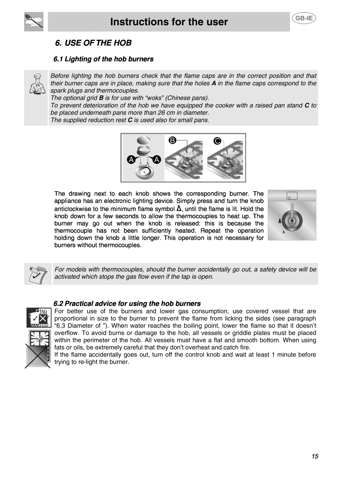 Smeg SUK90MFX5 manual Use Of The Hob, Lighting of the hob burners, Practical advice for using the hob burners 