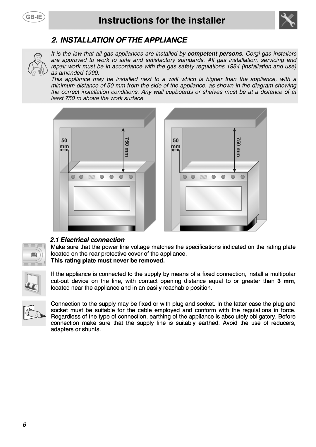 Smeg SUK90MFX5 manual Instructions for the installer, Installation Of The Appliance, Electrical connection 