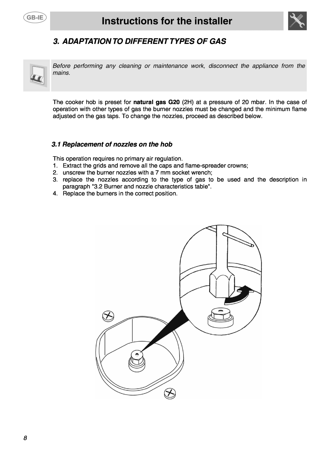 Smeg SUK90MFX5 Adaptation To Different Types Of Gas, Replacement of nozzles on the hob, Instructions for the installer 