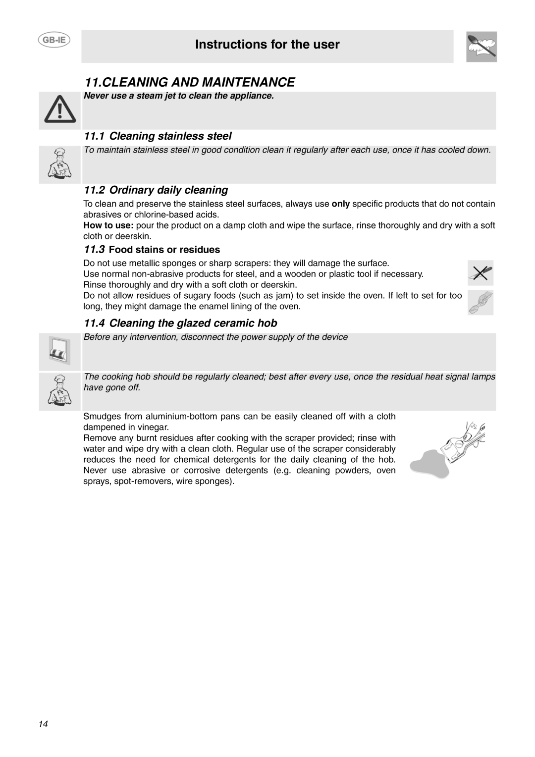 Smeg SUK91CMX5 manual Cleaning and Maintenance, Cleaning stainless steel, Ordinary daily cleaning 