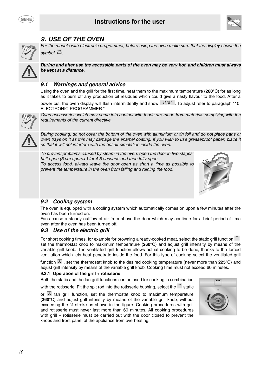 Smeg SUK91CMX5 manual USE of the Oven, Cooling system, Use of the electric grill, Operation of the grill + rotisserie 