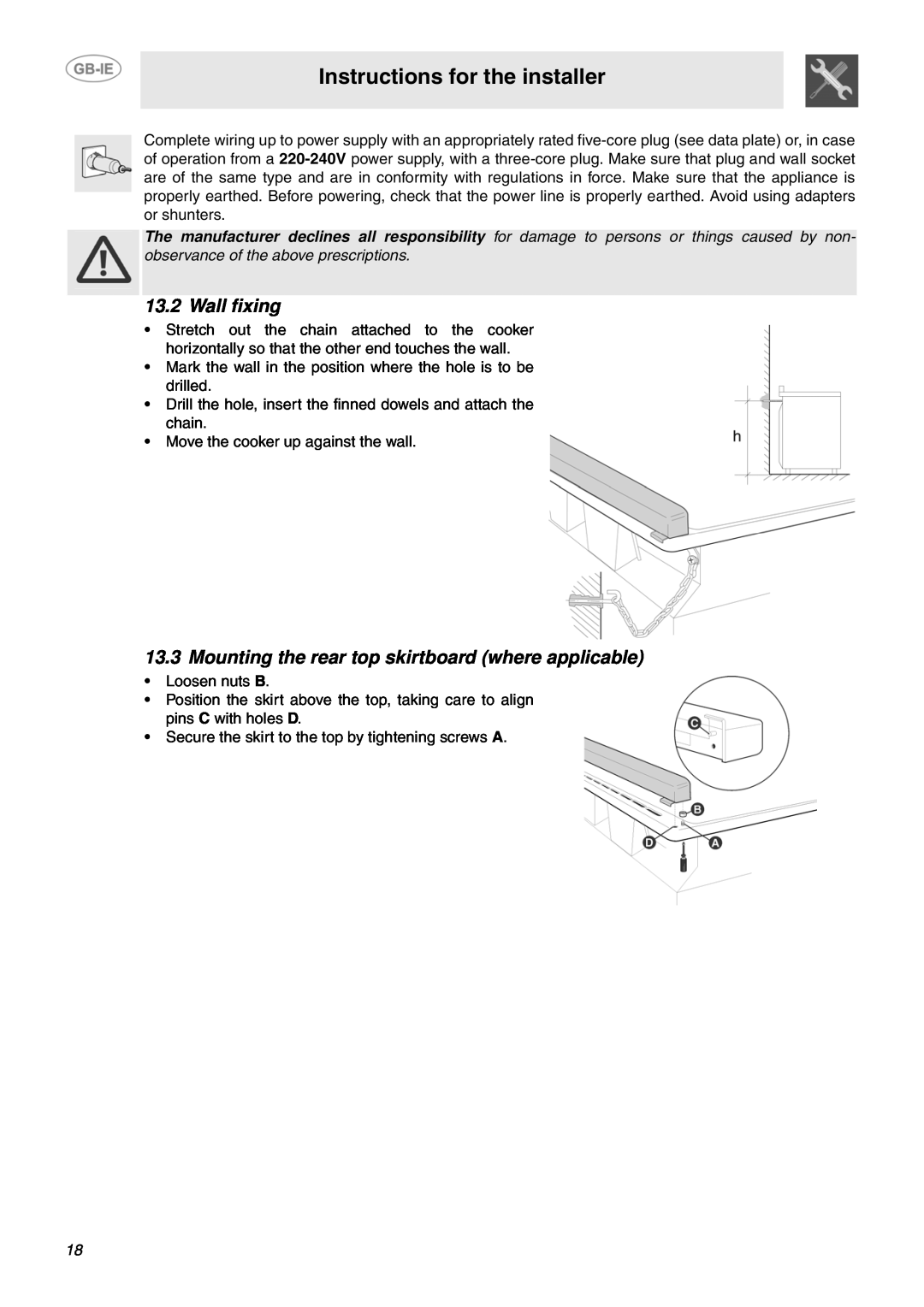 Smeg SUK91CMX5 manual Wall fixing, Mounting the rear top skirtboard where applicable, Instructions for the installer 