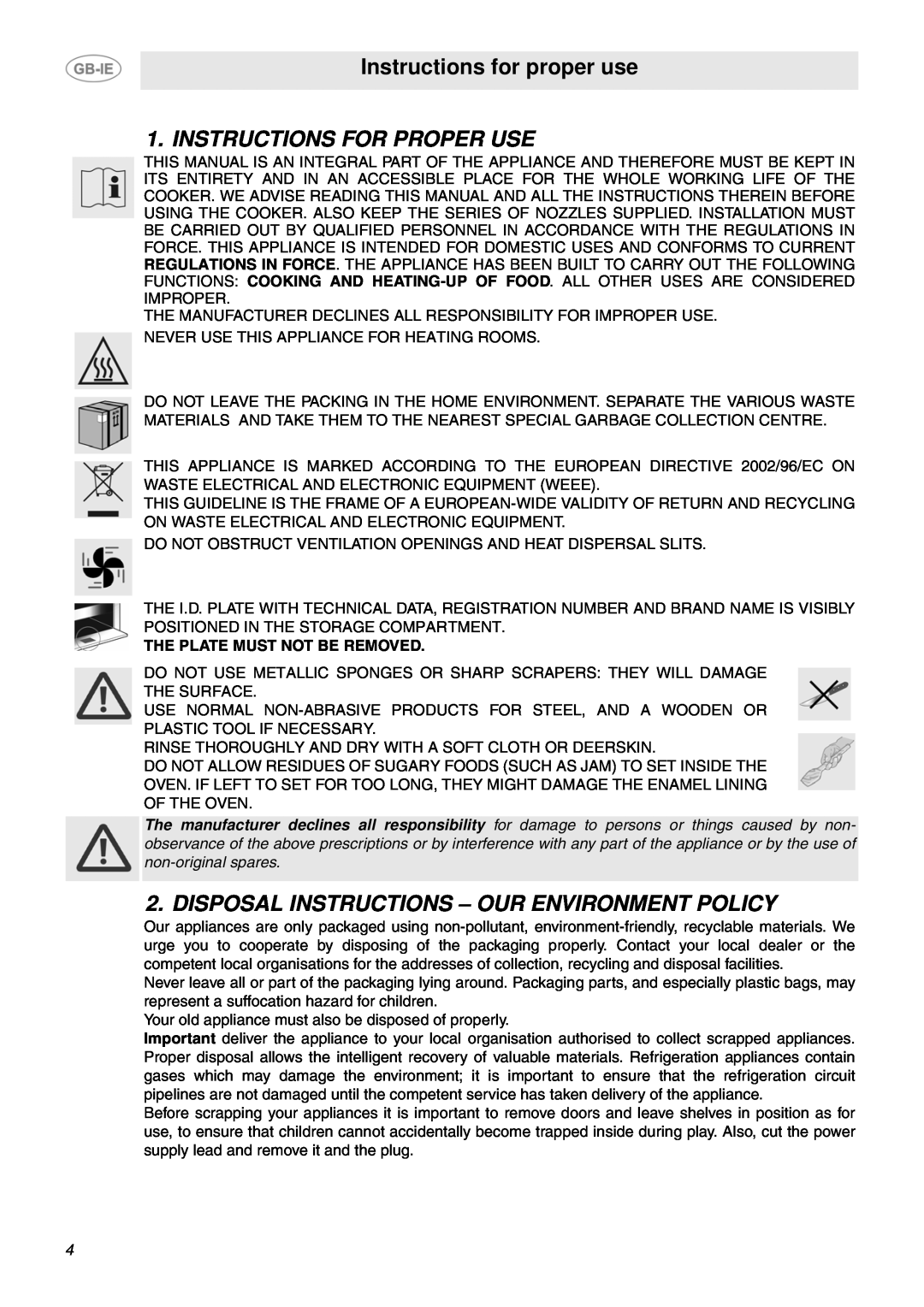 Smeg SUK91CMX5 Instructions for proper use, Instructions For Proper Use, Disposal Instructions - Our Environment Policy 