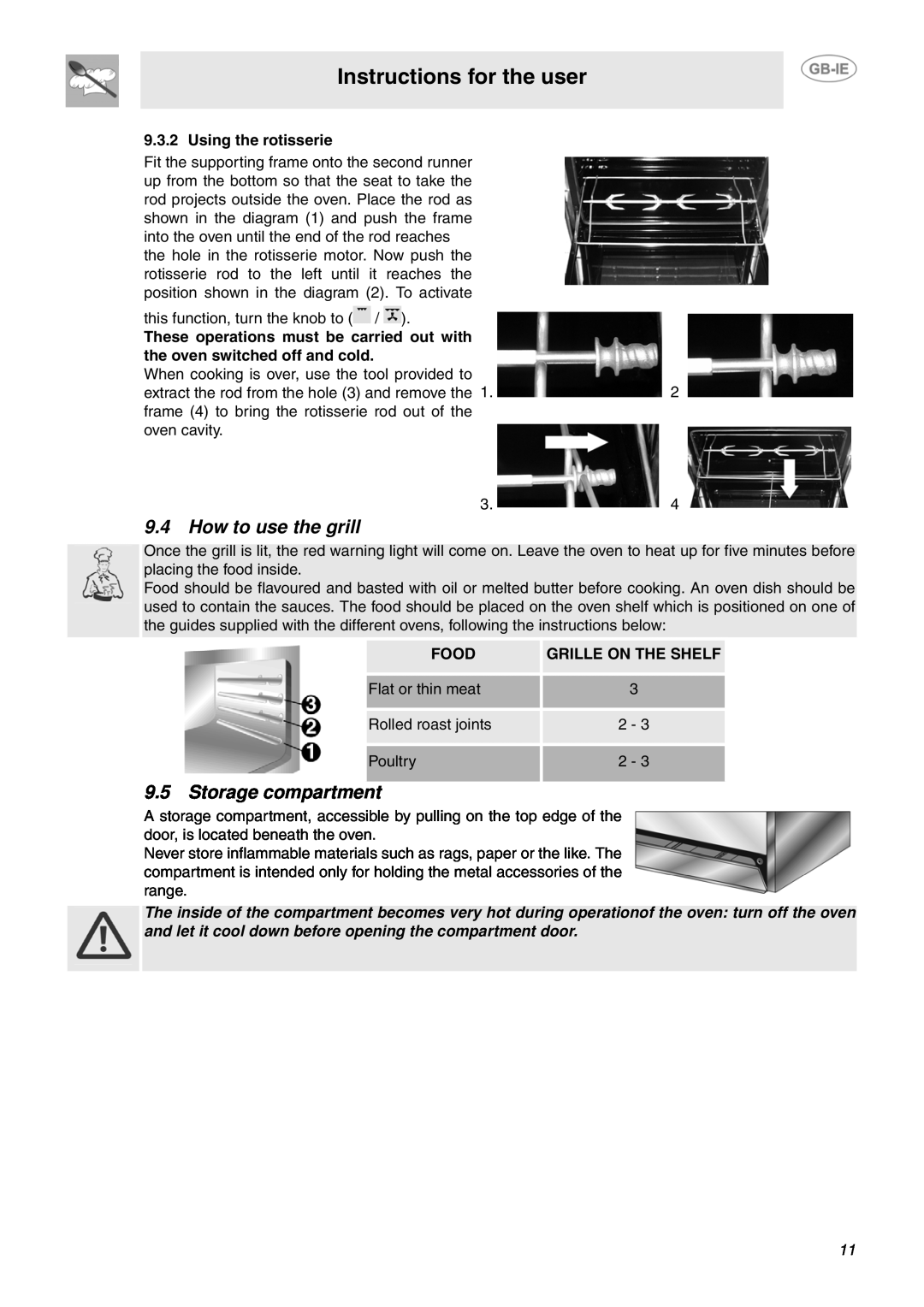 Smeg SUK91CMX5 manual How to use the grill, Storage compartment, Instructions for the user, Using the rotisserie, Food 