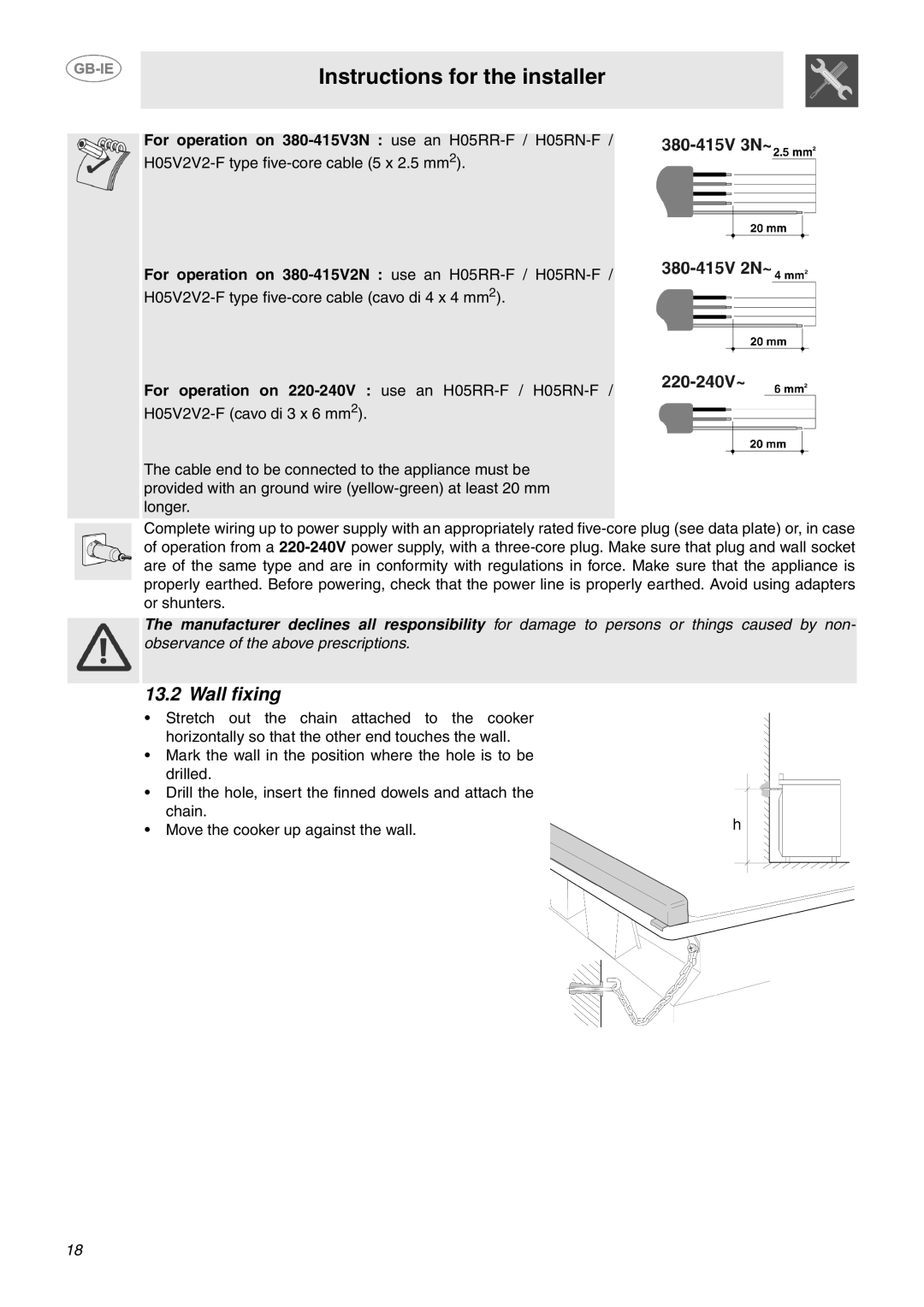 Smeg SUK92CMX5 manual Wall fixing, For operation on 380-415V3N use an H05RR-F /H05RN-F 