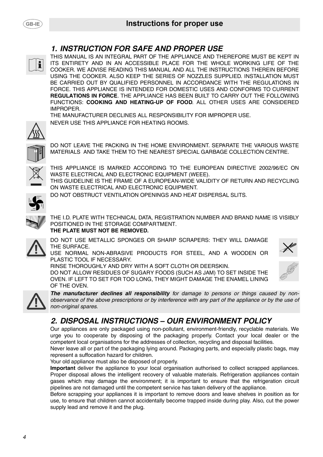 Smeg SUK92CMX5 manual Instruction for Safe and Proper USE, Disposal Instructions OUR Environment Policy 