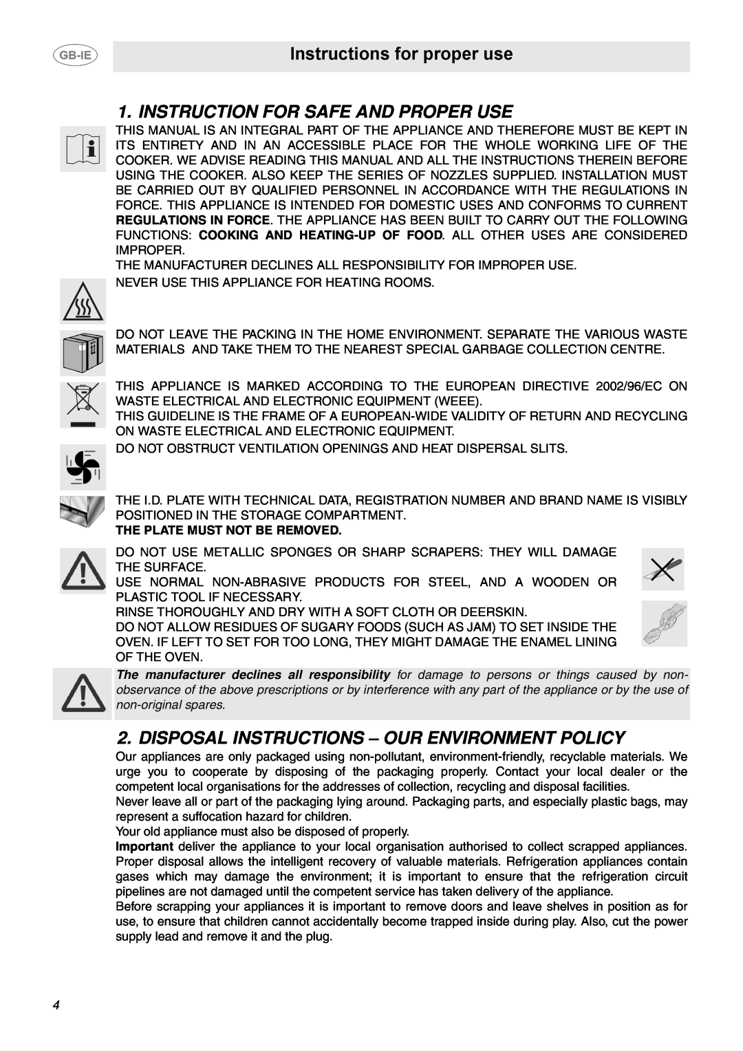 Smeg SUK92CMX5 manual Instructions for proper use, Instruction For Safe And Proper Use, The Plate Must Not Be Removed 